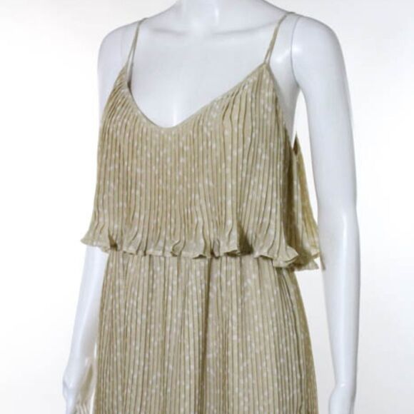 Central Park West Tan Pleated Polka Dot Dress M - Picture 3 of 7